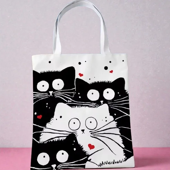 Cat Print Tote Bag - Black and White - Picture 1 of 4